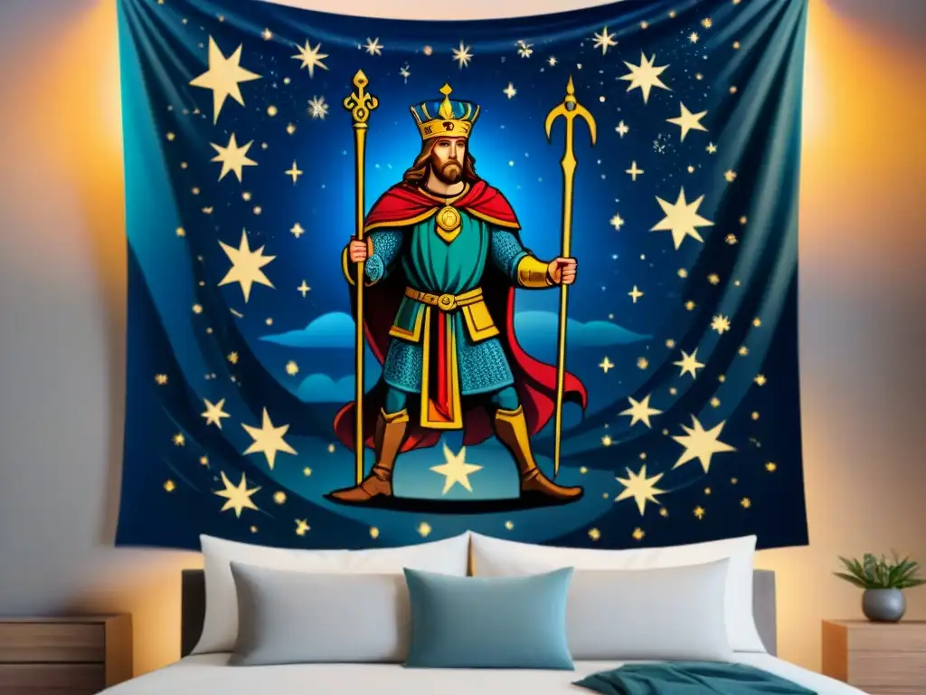 Recreación de una tapicería medieval detallada de la épica artúrica con símbolos astrológicos y el Rey Arturo sosteniendo Excalibur