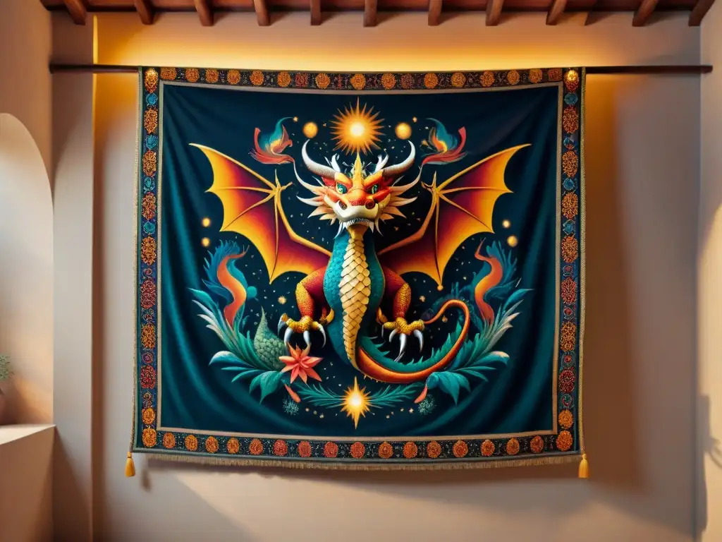 Un tapiz antiguo con diseños místicos de dragones volando en un cielo estrellado, iluminado por un rayo de sol en una habitación sombría