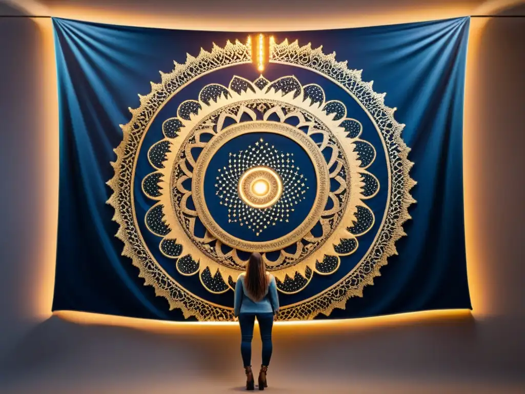 Tapiz místico: espiral dorada en indigo Un tapiz antiguo y místico con interpretaciones esotéricas, donde un símbolo en espiral se entrelaza en hilos dorados e índigo