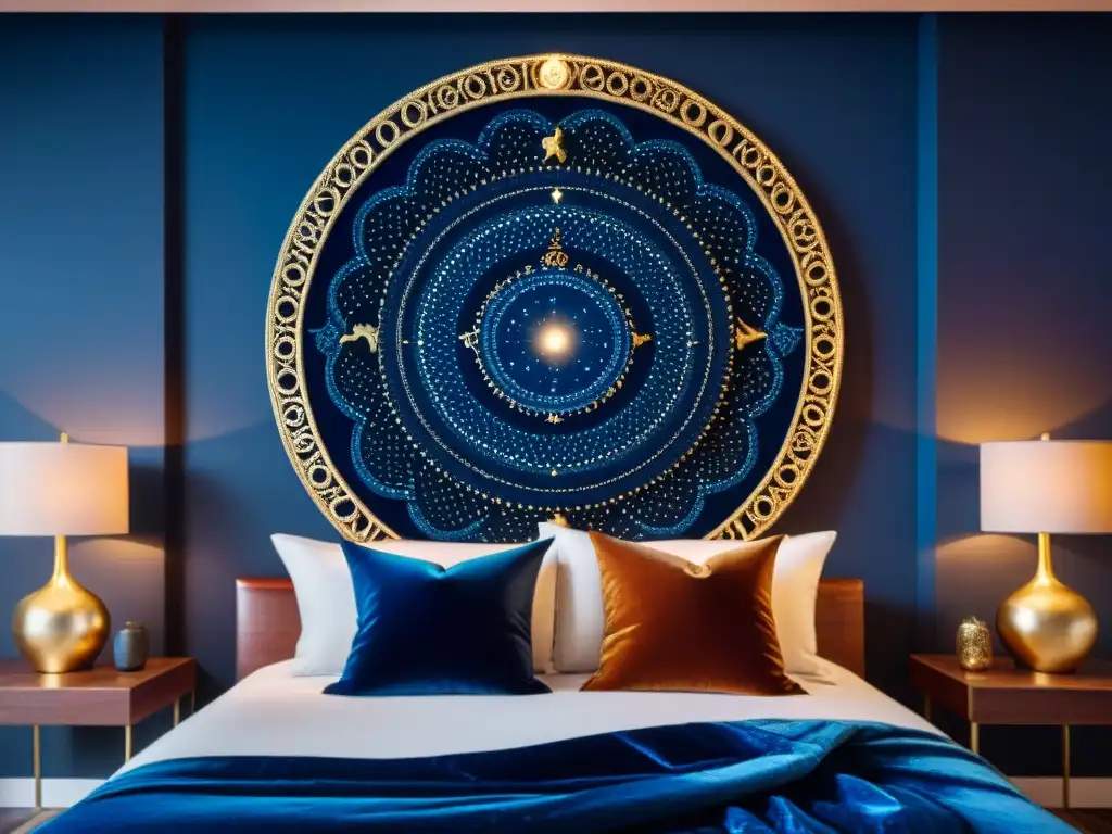 Un tapiz celestial con signos zodiacales en hilo dorado, colgando en una pared azul, iluminado por una luz cálida