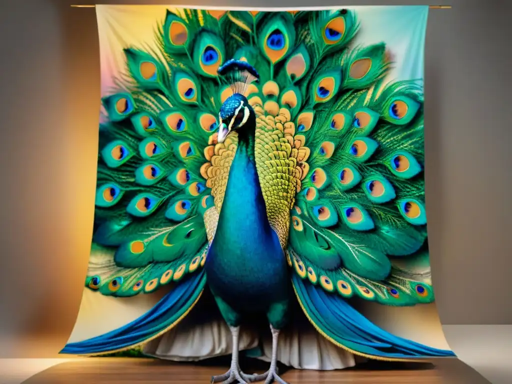 Tapiz intrincado con pavo real majestuoso de vibrantes plumas, simbolizando belleza, integridad e inmortalidad en arte decorativo