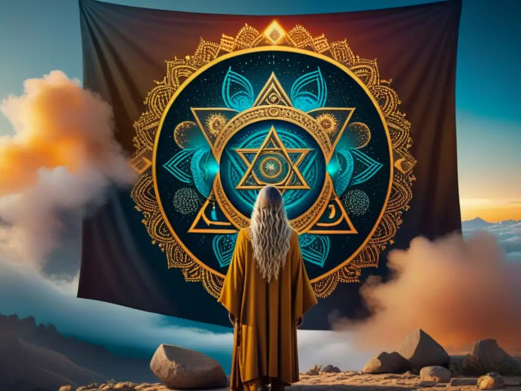 Un tapiz intrincado que fusiona símbolos paganos antiguos con interpretaciones modernas, representando la cosmovisión espiritual neopaganismo antiguo