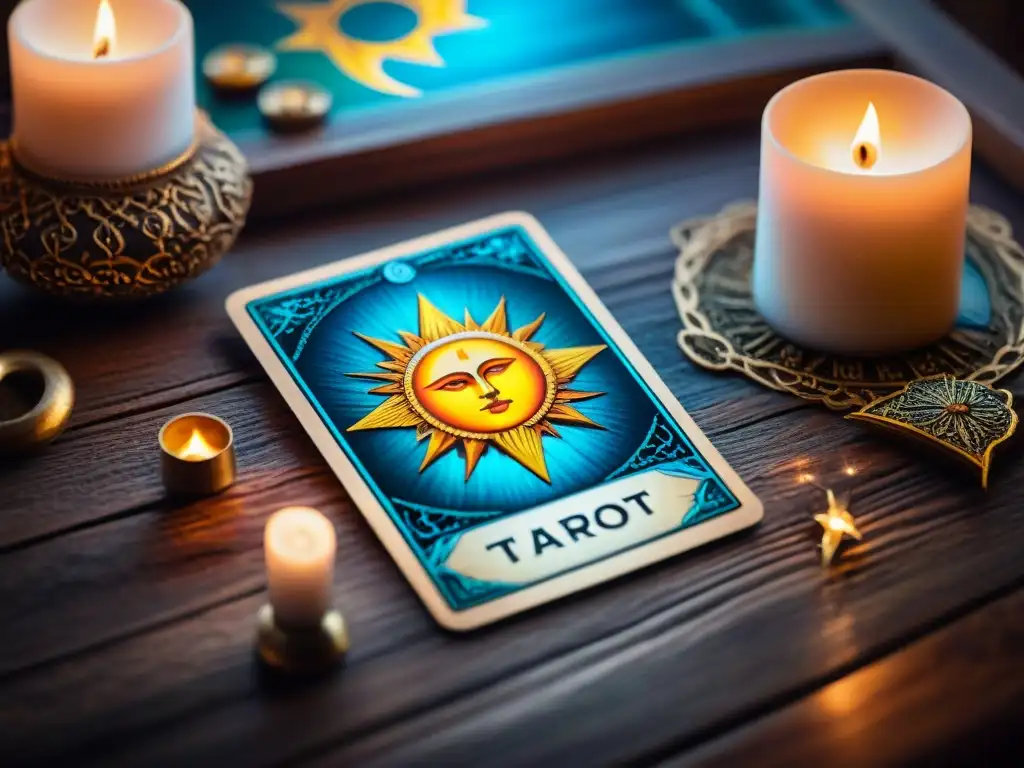 Tarot ancestral con ilustraciones detalladas, rodeado de luz de velas