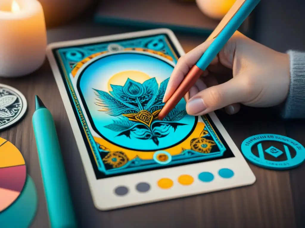 Un tarot siendo colocado en tablet de diseño gráfico, rodeado de marcadores y una lupa, fusionando misticismo con creatividad moderna