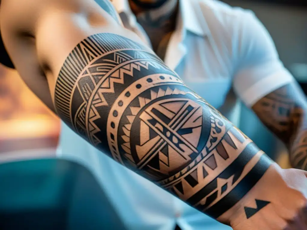 Un tatuador combina motivos polinesios tradicionales con estilos modernos en un brazo, creando un diseño cautivador