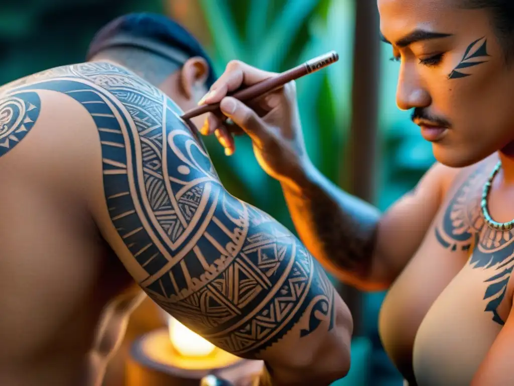 Un tatuador polinesio moderno capturando la esencia del arte ancestral en la piel