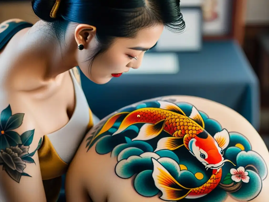 Tatuajes en culturas antiguas tradiciones: Artista japonés irezumi creando diseño corporal tradicional detallado en la espalda de un cliente