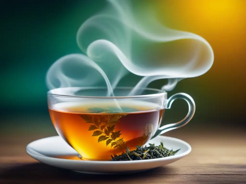 Una taza de té herbal humeante con hojas en remolino, creando un efecto místico de adivinación con té símbolos interpretación