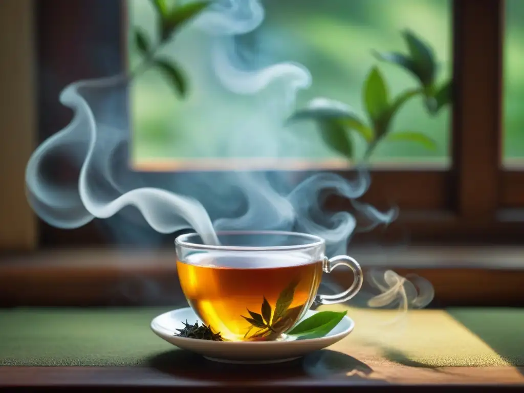 Una taza de té humeante con hojas y vapor danzante, en un ambiente misterioso y acogedor