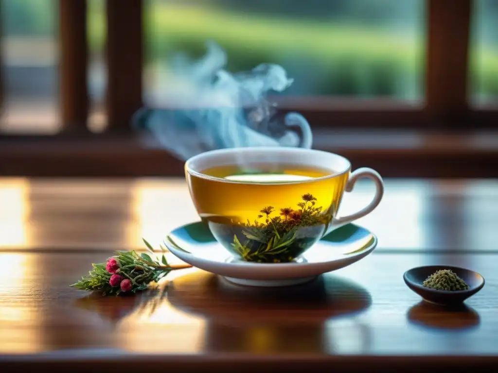 Una taza de té de porcelana china decorada, con té verde humeante, hojas sueltas y pétalos secos en una mesa de madera