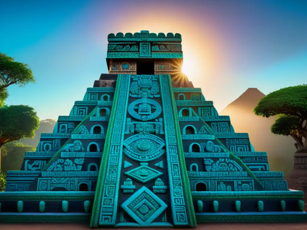 Un templo azteca antiguo con piedras azules vibrantes, símbolos aztecas y deidades, iluminado por el sol poniente en la jungla