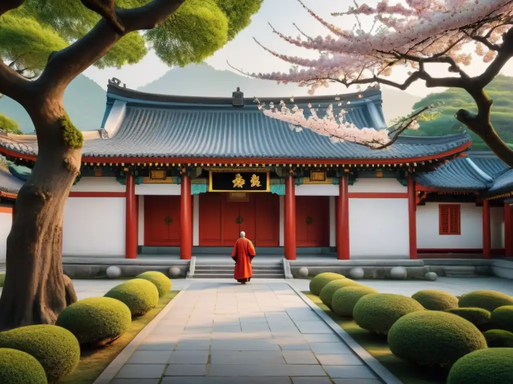 Un templo Confuciano tradicional rodeado de naturaleza exuberante, donde ancianos discuten filosofía bajo un cerezo en flor