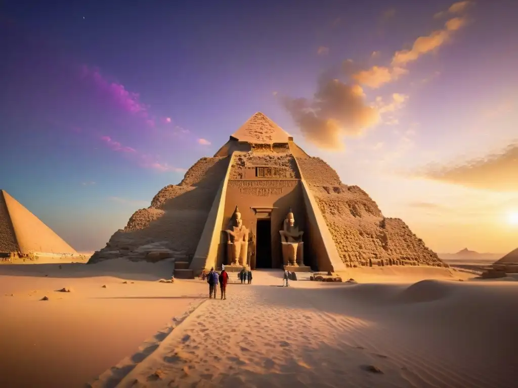 Templo egipcio antiguo al atardecer, arqueólogos descubriendo artefacto