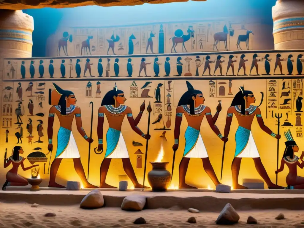 En un templo egipcio, detallados jeroglíficos muestran un ritual de sacrificio animal con sacerdotes, ofrendas y altar iluminados por antorchas