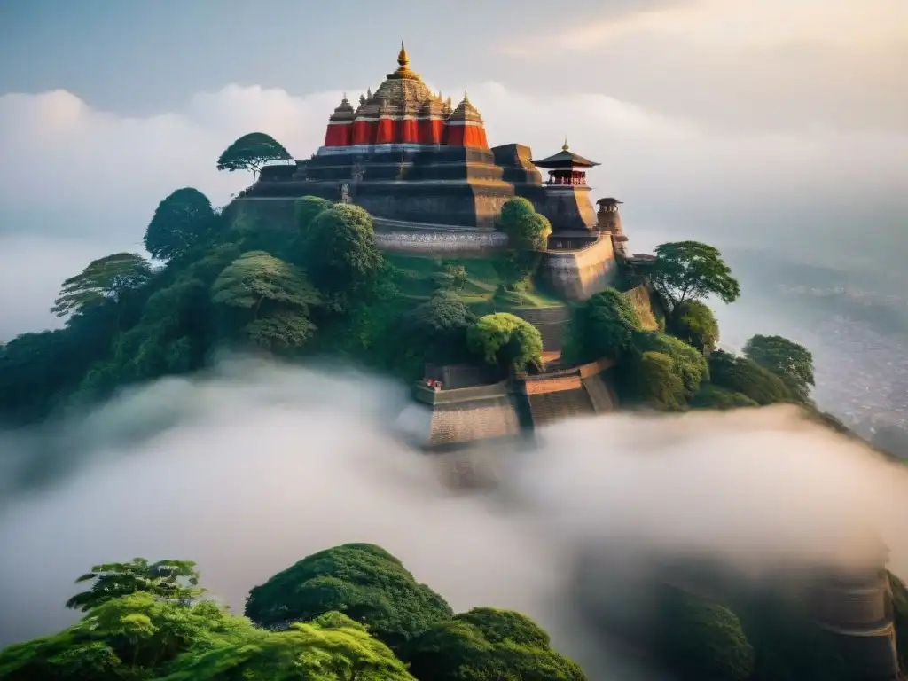 Templo flotante en la India: Kamakhya Temple en la colina Nilachal, Guwahati, Assam, envuelto en neblina con el río Brahmaputra abajo