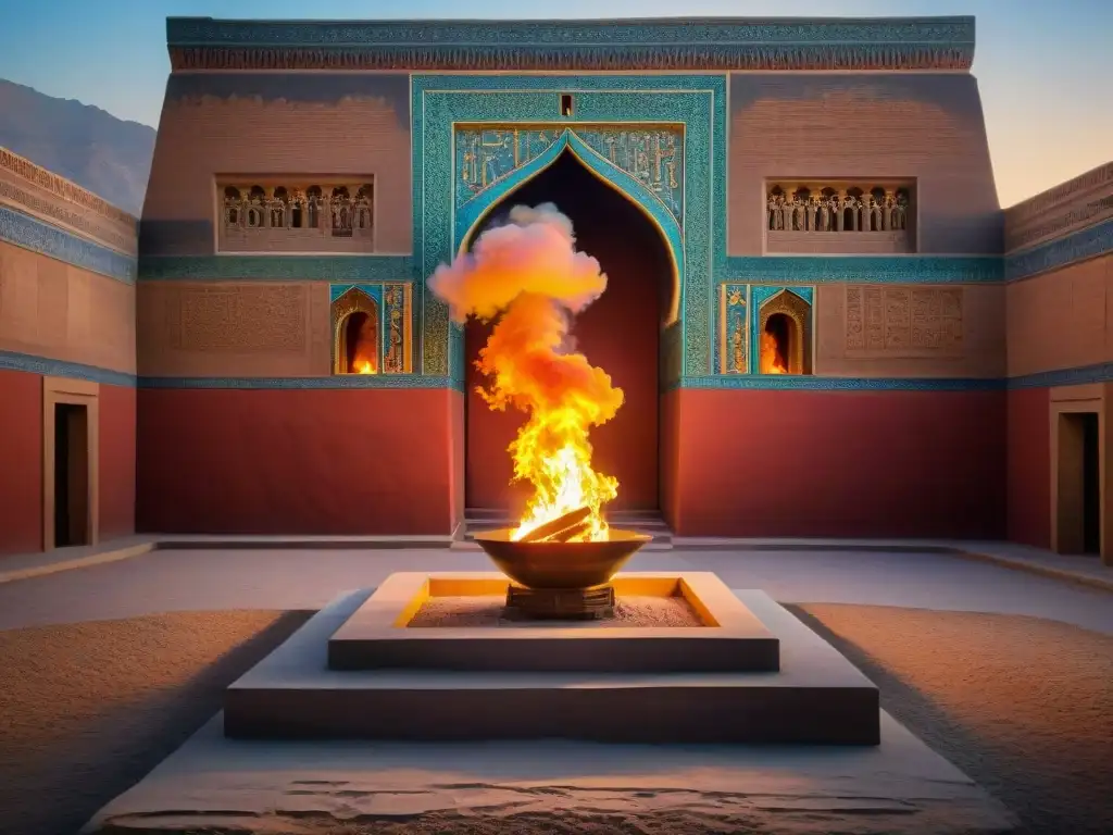 Un templo del fuego zoroástrico en Persia al atardecer, con devotos en rituales de fuego en Persia