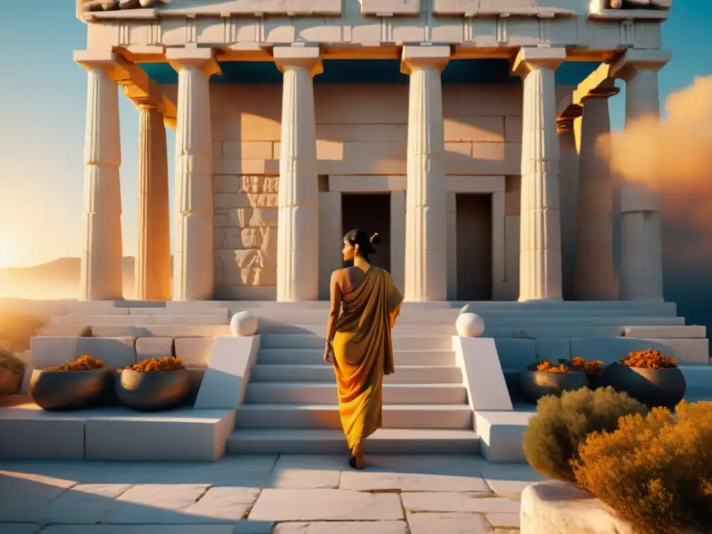 Un templo griego antiguo bañado en luz dorada al atardecer, con adoradores en un ritual de culto al Sol en civilizaciones