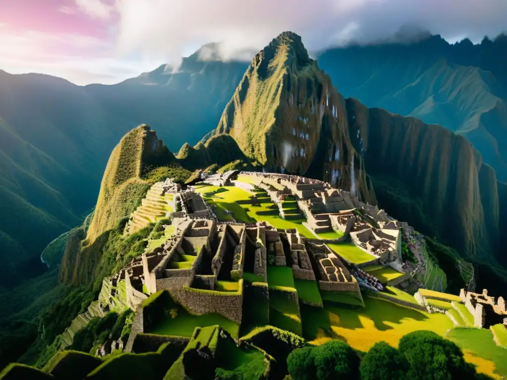 Templo inca bañado en luz dorada con grabados de rodocrosita, reflejando el poder místico de la rodocrosita en la cultura inca