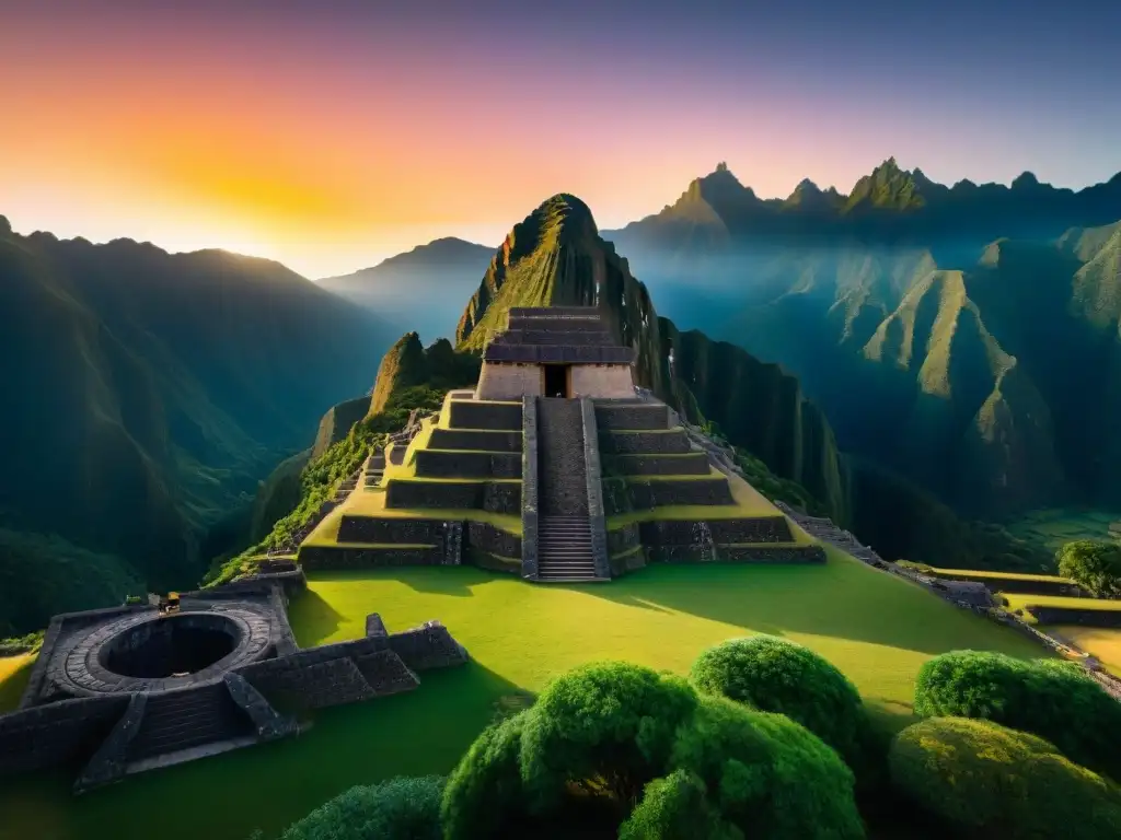 Templo inca con grabados de sol y luna durante un eclipse, rodeado de montañas verdes