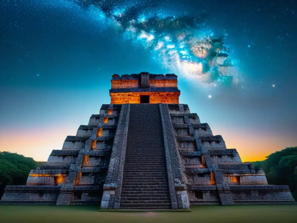 Templo Maya antiguo iluminado por estrellas, con grabados en piedra y constelaciones