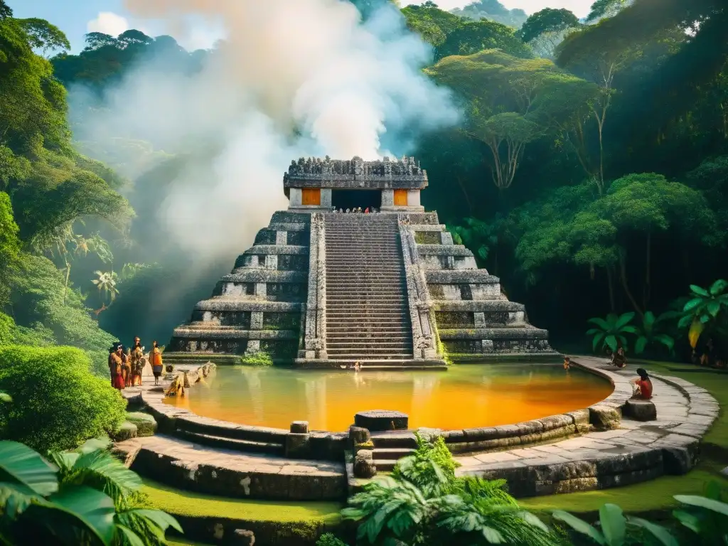 Un templo maya antiguo rodeado de exuberante jungla, con tallados en las paredes mostrando baños de vapor espirituales