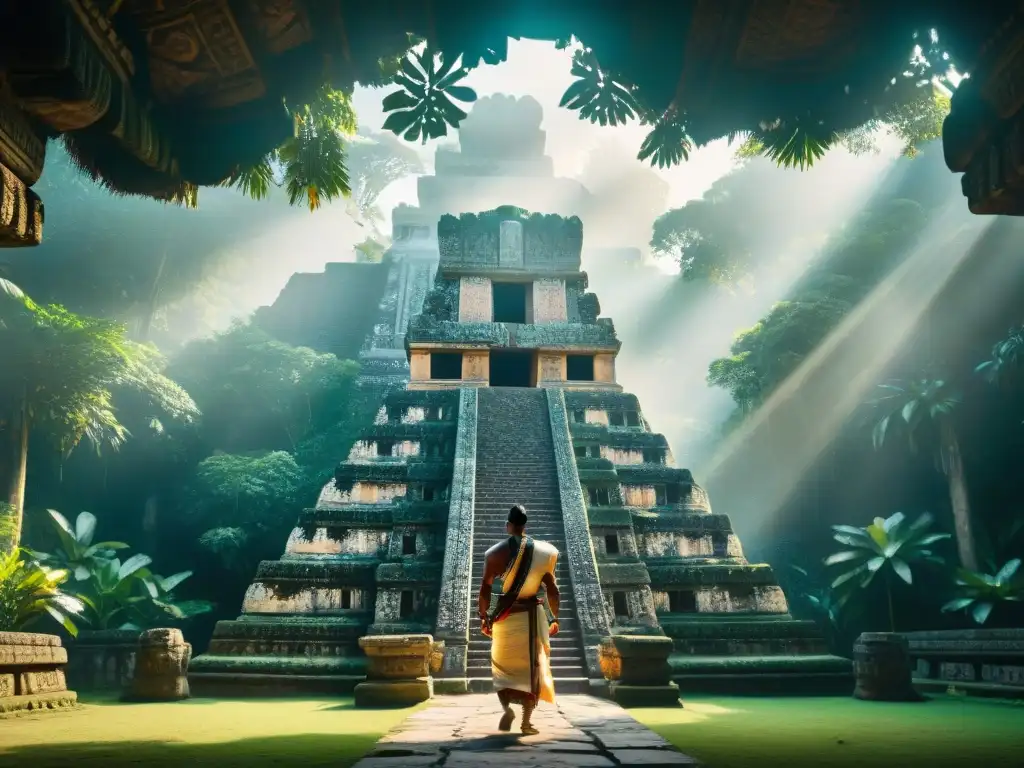 Un templo maya antiguo con un talismán de cuarzo gigante en su centro, rodeado de selva exuberante