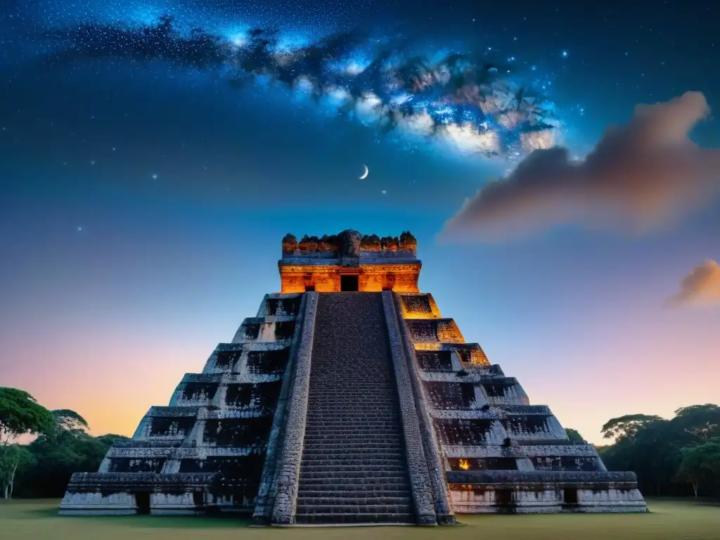 Templo maya detallado con Venus en el cielo, reflejando la importancia de Venus en civilizaciones antiguas