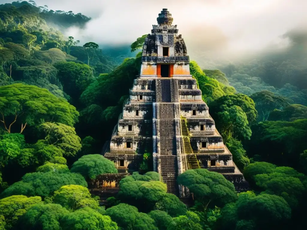 Templo maya detallado en la selva, resalta la artesanía antigua