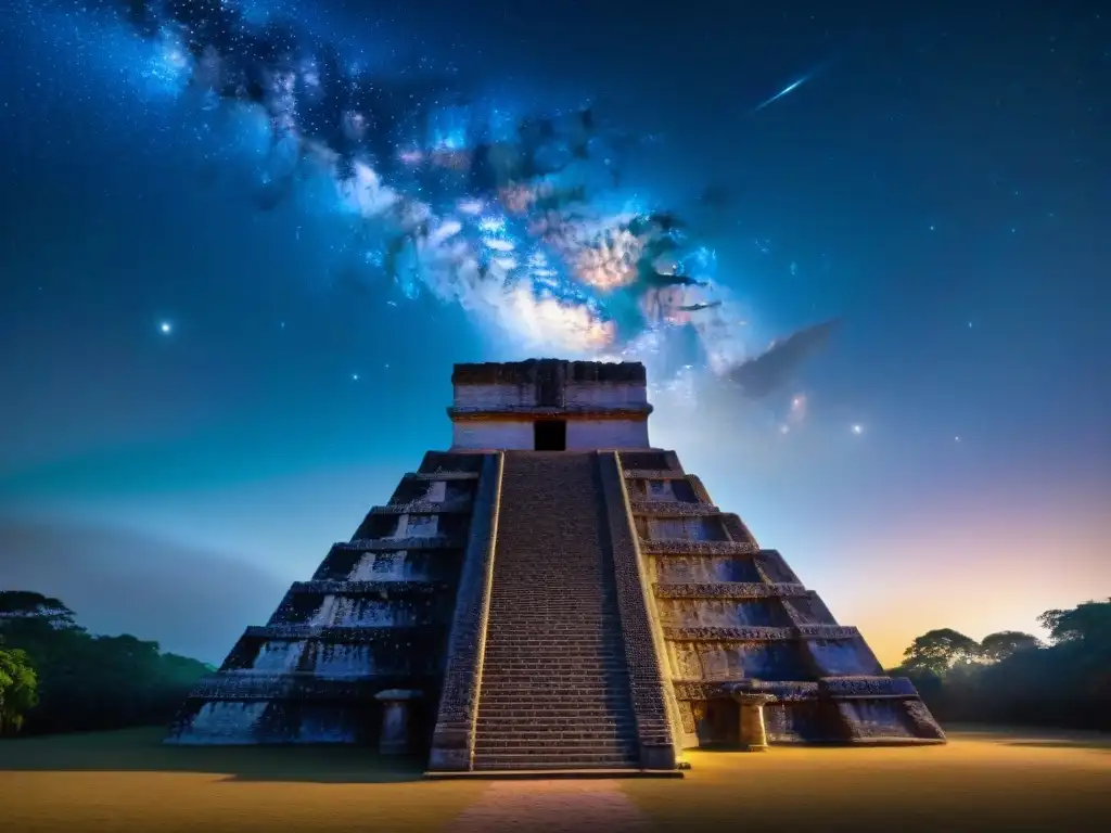 Templo maya iluminado por las Pléyades en la noche, revelando misterios y sabiduría antigua