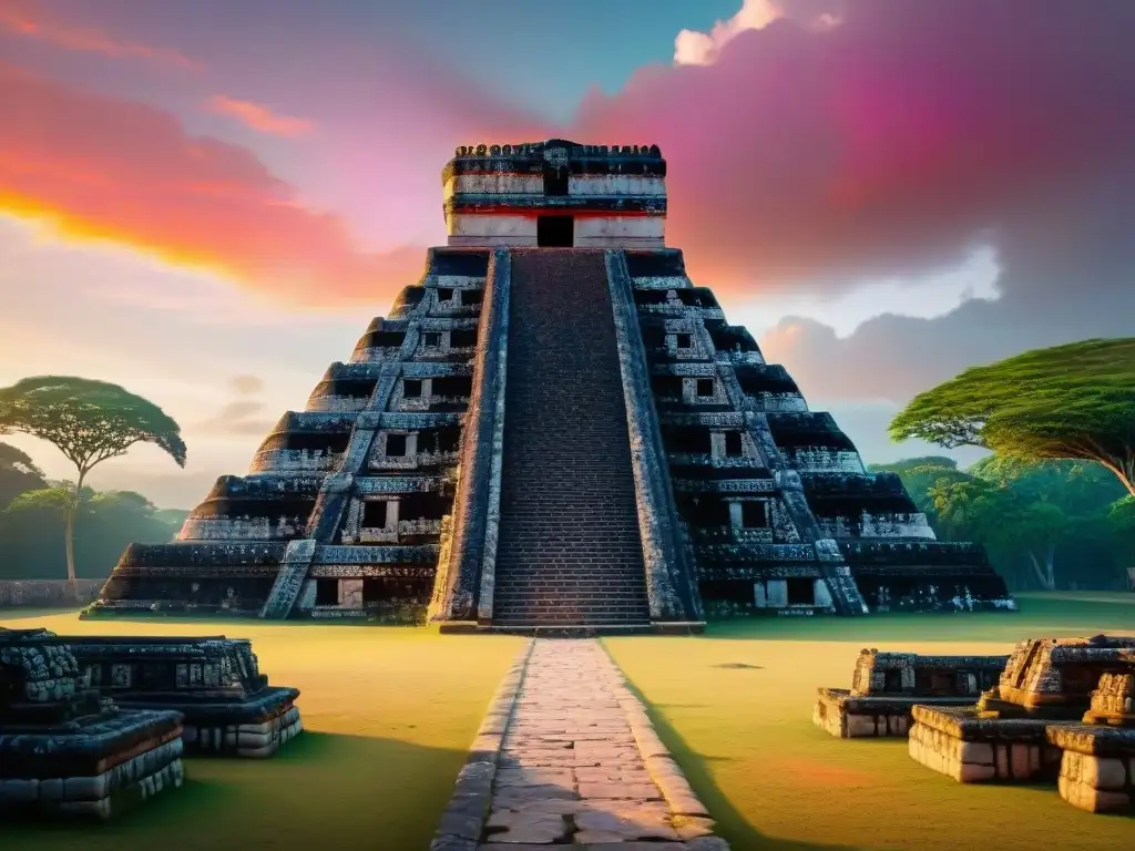 Templo maya majestuoso iluminado por el amanecer, con tallados en piedra y vegetación exuberante