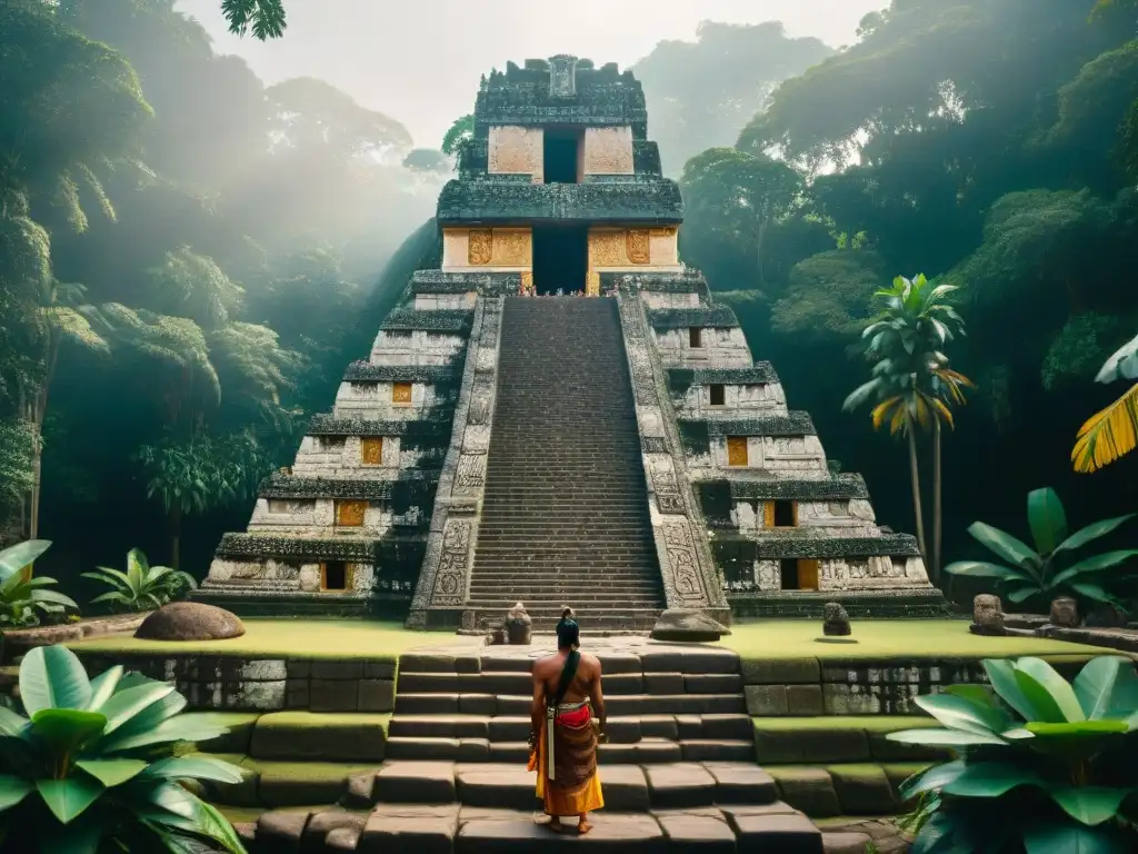 Un templo maya rodeado de jungla, con grabados de cacao y glifos