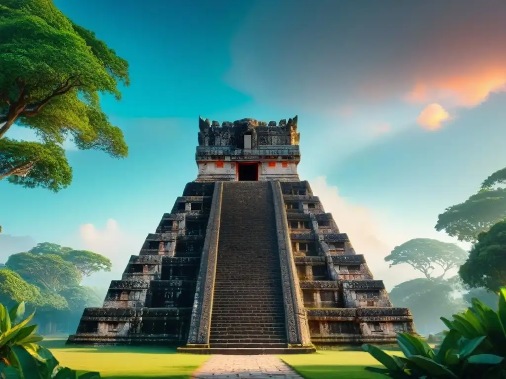 Templo maya con tallados de cristal, reflejando la luz del sol en una danza de colores, rodeado de vegetación exuberante