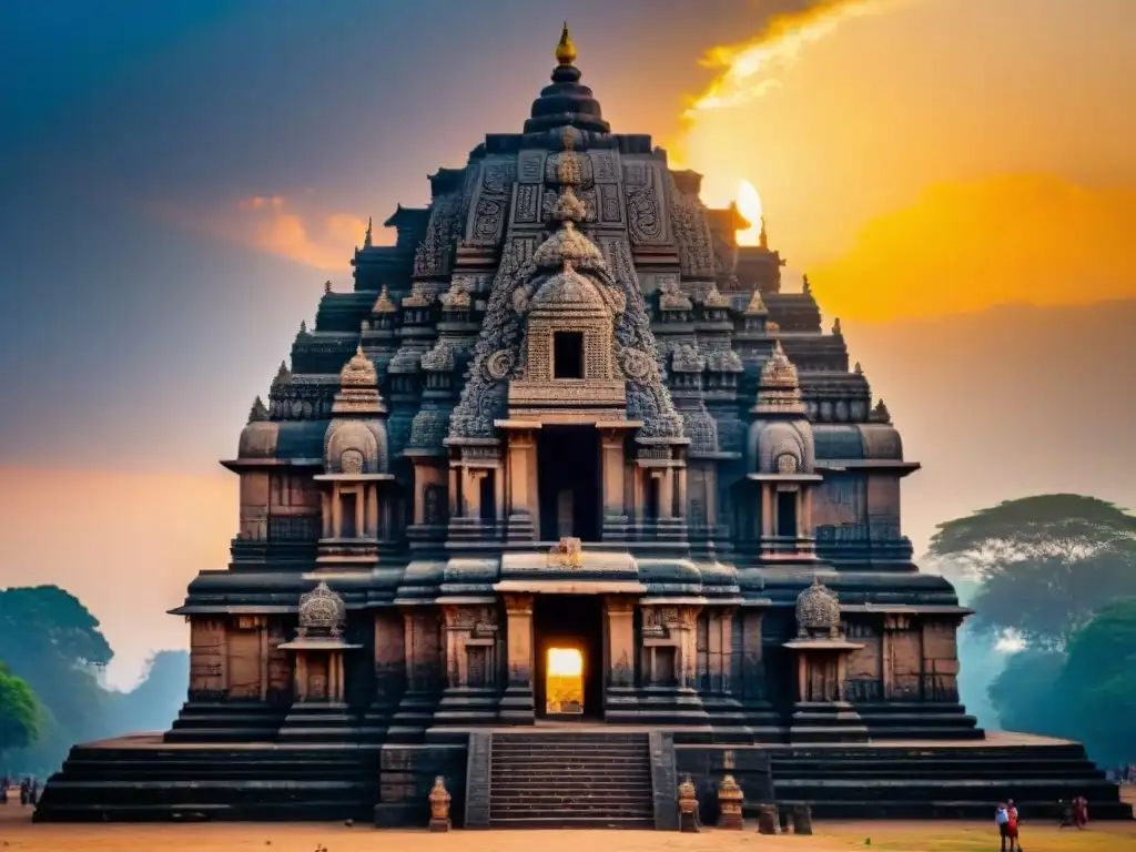 Un templo solar antiguo con detalles detallados del majestuoso Templo del Sol de Konark en la India al atardecer