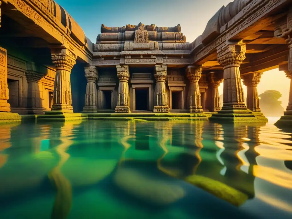 Templo sumergido en India muestra misterios bajo el agua: esculturas, pilares y peces alrededor, revelando historia y belleza