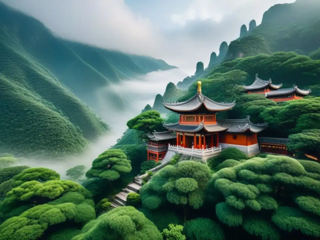 Un templo taoísta en las montañas de China; monjes practican Tai Chi en un ambiente sereno