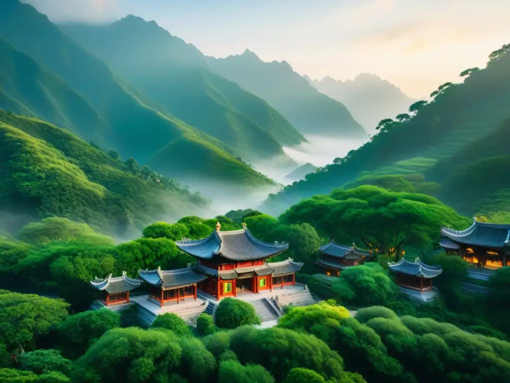 Un templo taoísta en las montañas de China, con rituales y vestimenta tradicional, resaltando la esencia del Taoísmo en la antigua China