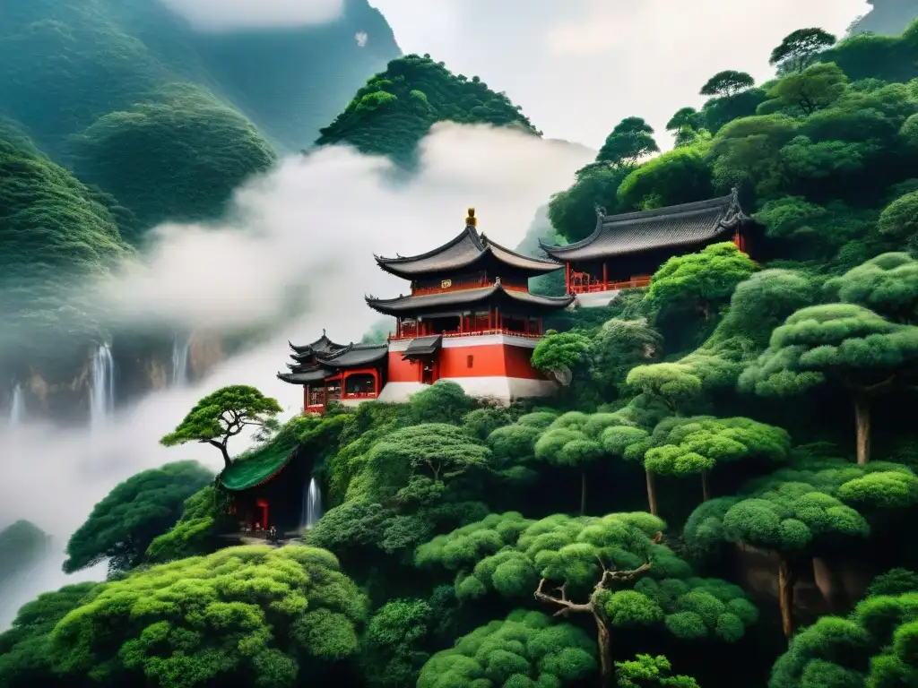 Un templo taoísta en las montañas de China, con monjes meditando bajo árboles antiguos