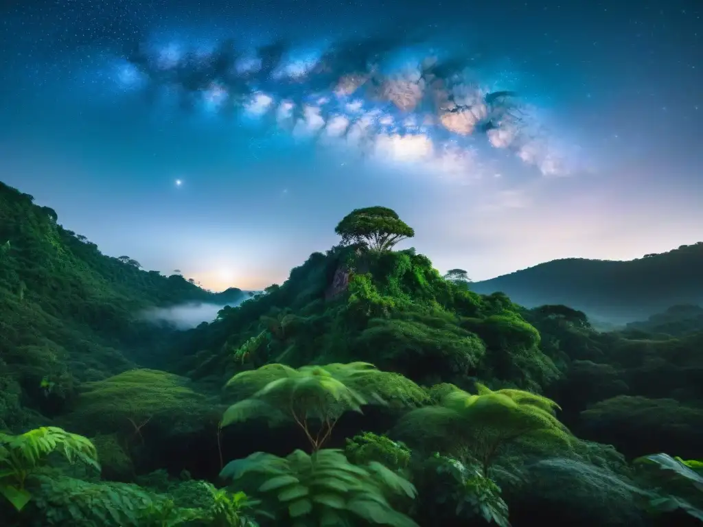 Templos estelares antiguos alineados en la selva, bajo un cielo estrellado y la Vía Láctea, iluminados por la luna