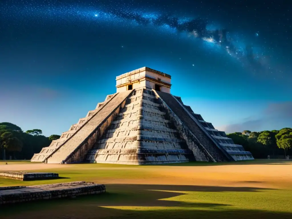 Templos estelares antiguos alineados: detalle del templo maya de Chichén Itzá con sus intricadas esculturas bajo un cielo estrellado