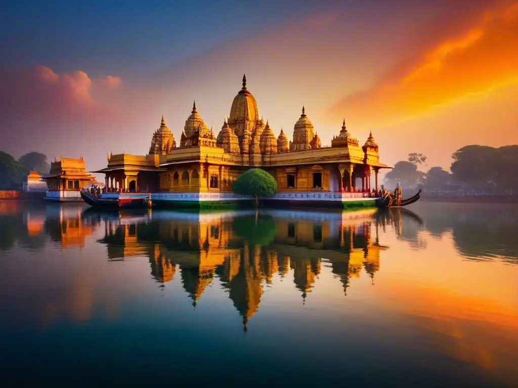 Templos flotantes de India: atardecer dorado sobre aguas serenas, destacando arquitectura antiqua en luz tenue