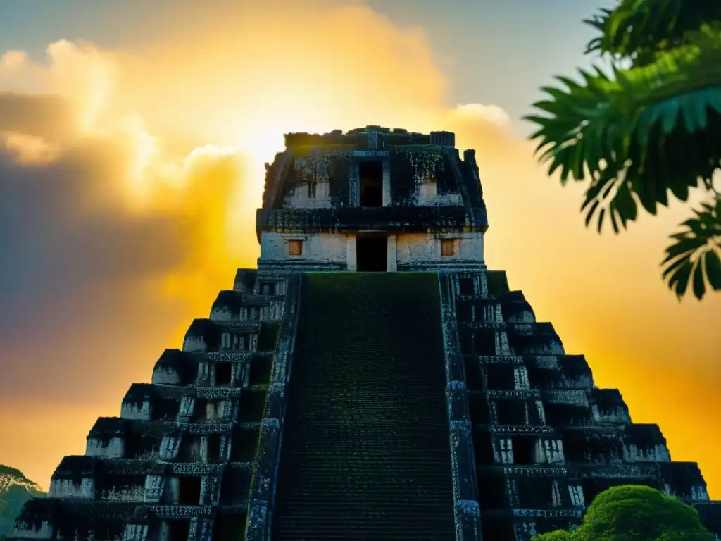 Templos del Jaguar en Maya: Detalle del imponente Templo del Jaguar en Tikal al atardecer