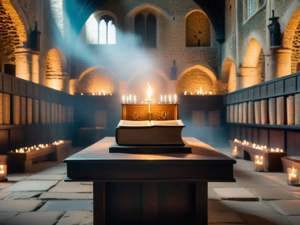 La tenue luz de las velas ilumina un altar de piedra en la Torre de Londres, con restos de incienso, un libro antiguo y un cáliz de plata