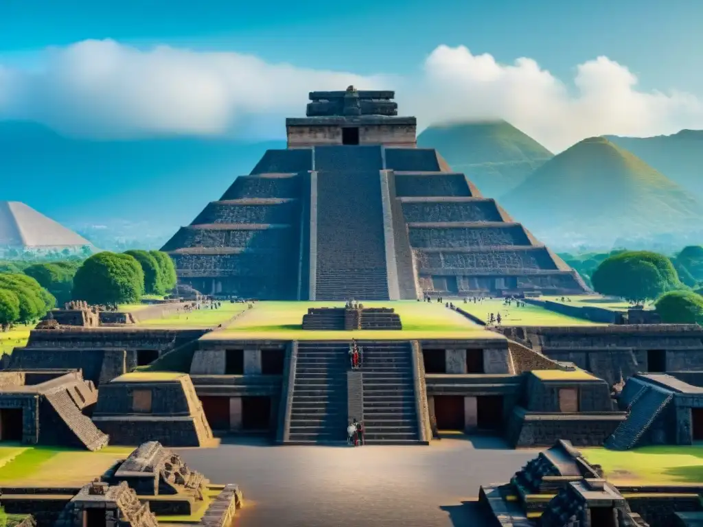 Descubre Teotihuacán a fondo: Imagen detallada y ultrarrealista de la Pirámide del Sol en un día despejado, con turistas y vegetación exuberante