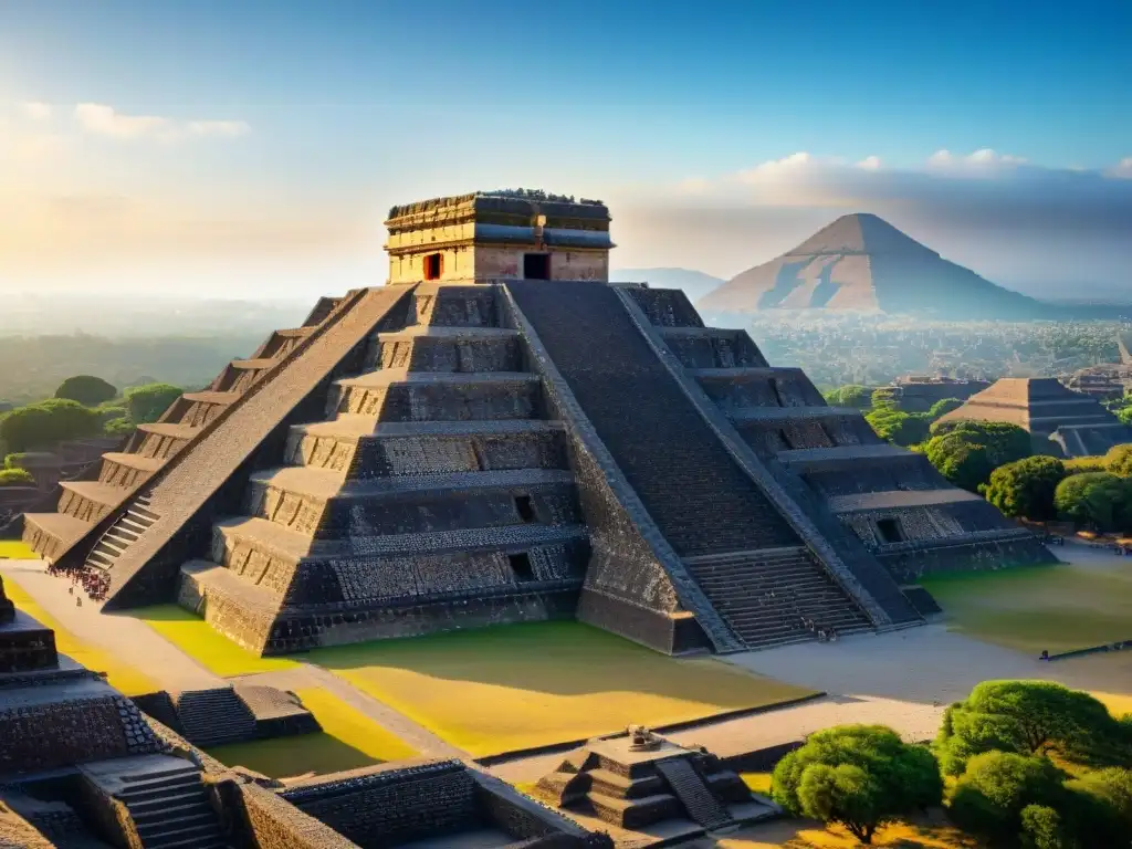 Descubre Teotihuacán a fondo: Imagen detallada de la majestuosa Pirámide del Sol con sus grabados y detalles arquitectónicos bajo el cielo azul