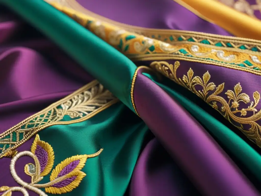 Textil de seda exótico con diseño místico en morado, verde esmeralda y oro, bordado con detalles plateados