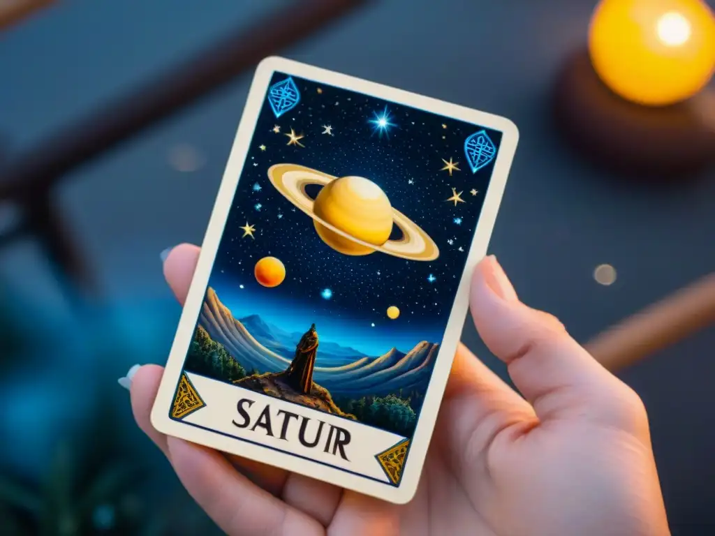 El texto ALT es: 'Tarjeta del tarot de Saturno y Júpiter entrelazados con símbolos astrológicos, en un cielo estrellado