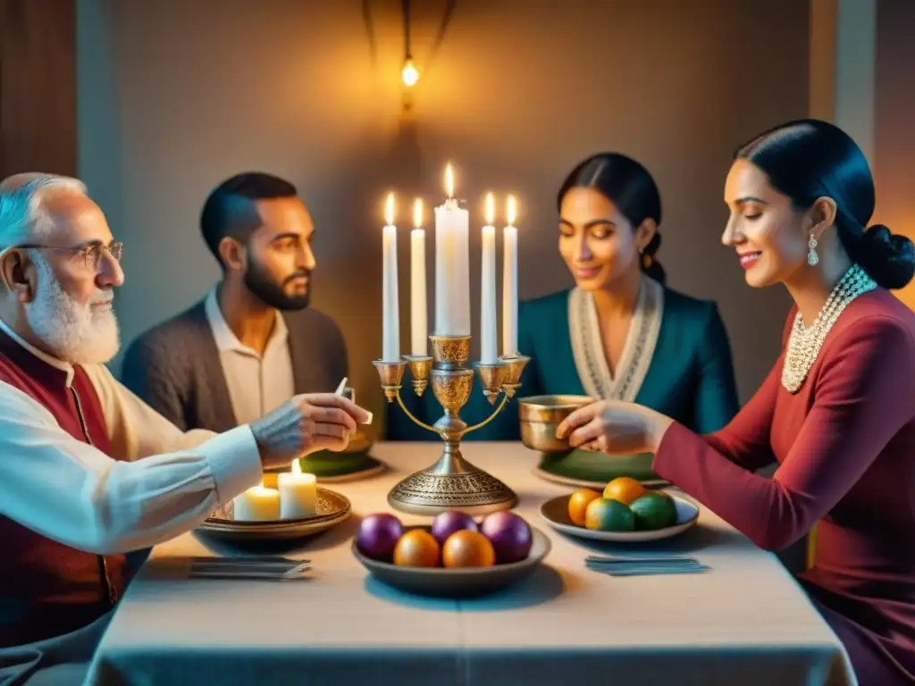 Una tierna escena familiar iluminada por velas de Shabat al atardecer, en un hogar acogedor