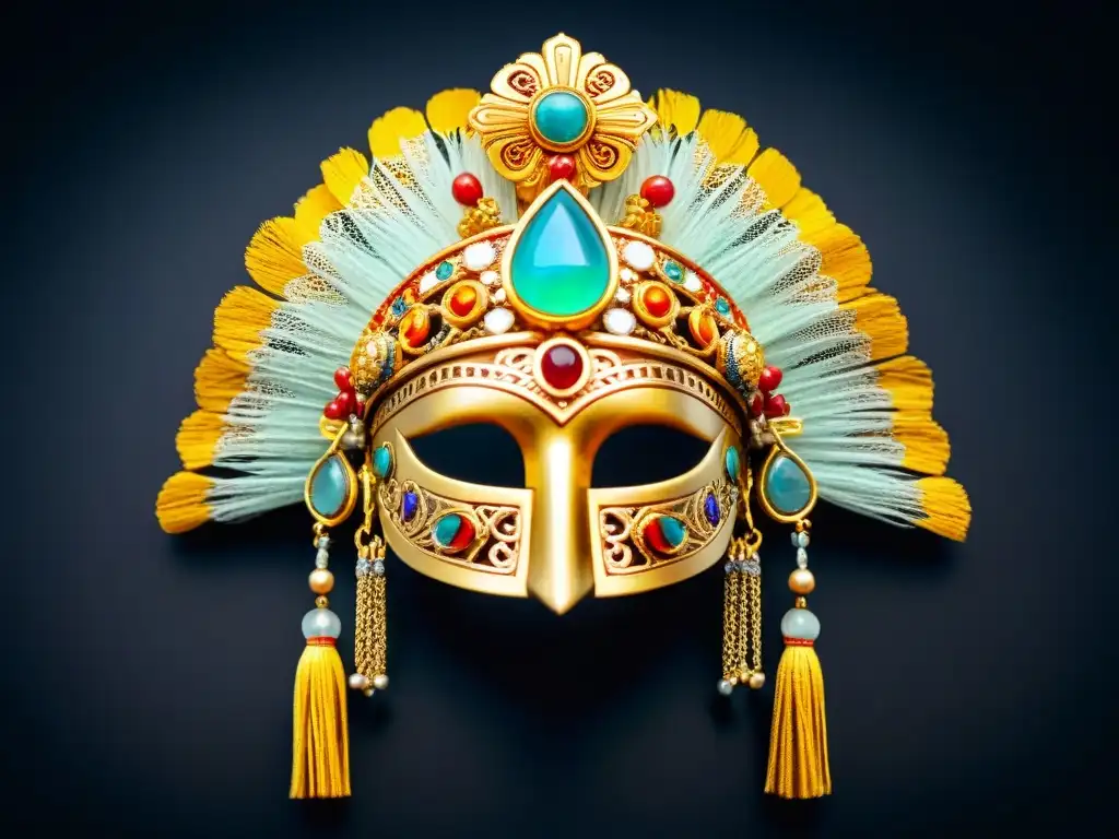 Un tocado ceremonial Moche dorado con filigrana, piedras semipreciosas y motivos simbólicos, en un fondo de terciopelo oscuro