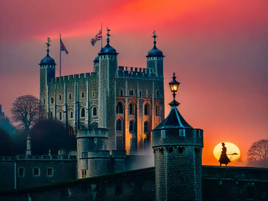 La Torre de Londres en un atardecer rojizo con una atmósfera fantasmal y misteriosa, donde se vislumbran historias de fantasmas