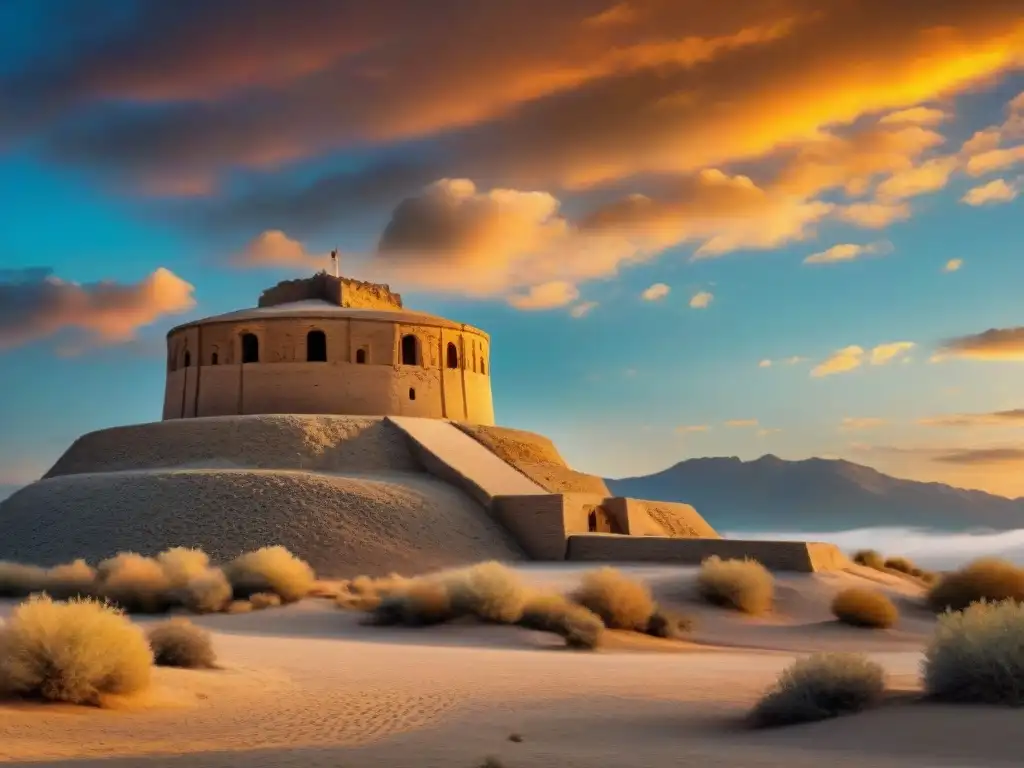 Torre del Silencio zoroastriana al atardecer, con buitres en vuelo